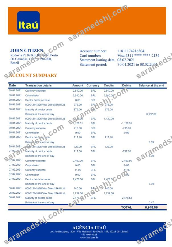 Brazil Itau bank statement template in Excel and PDF format
